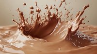 Liquid chocolate crown splash with flying drops in warm brown tones, dynamic motion captured in high speed photography creating abstract shapes and patterns.