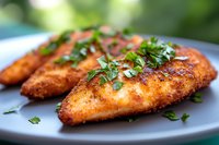 Crispy breaded chicken breast fillets garnished with fresh chopped parsley on gray plate, close-up view with selective focus and natural lighting for food photography.