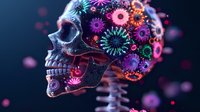 Artistic skull profile decorated with colorful virus particles and bacteria on dark background, glowing neon effect creates dramatic scientific visualization.