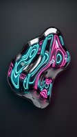 Glowing neon cyan and magenta liquid form flowing through transparent glass sculpture against dark background. Contemporary art installation for modern design projects.