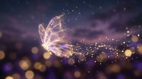 Glowing magical butterfly with sparkling light trails against purple bokeh background for fantasy and enchantment designs.