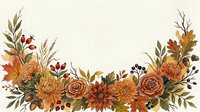 Watercolor autumn floral border with roses, chrysanthemums, oak leaves, berries, and acorns in warm orange and brown tones on white background.