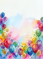 Watercolor balloons frame with rainbow colors and paint splatters on light background for party invitations and celebration designs.