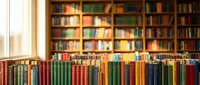 Colorful books arranged on wooden shelves in cozy library with warm sunlight streaming through window creating peaceful reading atmosphere for education.