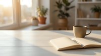 Blank open notebook and coffee mug on wooden desk by sunny window with potted plants and shelves, workspace for writing, studying, planning, or creative work.