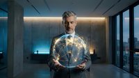 Mature Caucasian businessman in suit holding glowing digital Earth globe with network connections in modern office interior for global business concepts.