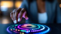 Futuristic holographic interface with human hand interacting with glowing circular neon pattern against dark background, showcasing modern technology concept.