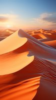Golden sand dunes in desert landscape at sunset with dramatic shadows and rippled textures creating natural patterns across vast wilderness terrain.