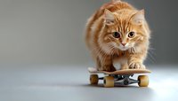 Playful ginger cat balancing on skateboard against blurred background, showing curious expression and athletic stance. Humorous pet lifestyle concept.