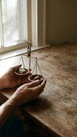 Hands protecting brass scales of justice on wooden table near window with natural light symbolizing legal protection and fairness in law practice.