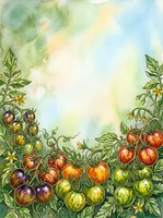 Watercolor illustration of ripe tomato plants with red, yellow, and green fruits on vines with detailed foliage and soft pastel sky background, suitable for garden, agriculture, and food-related designs.