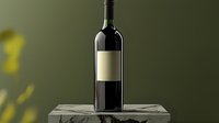 Full wine bottle with blank label on marble surface against dark green background, elegant minimalist composition for wine industry marketing and branding.
