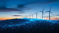 Wind turbines on mountain ridge with digital network overlay at sunset showcasing renewable energy and smart grid technology for sustainable power generation.