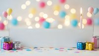 Birthday party celebration background with colorful balloons, gift boxes, confetti and bokeh lights creating festive atmosphere for events.