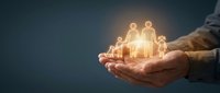 Hands protecting glowing family figures symbolizing life insurance, healthcare coverage, and family security protection services.