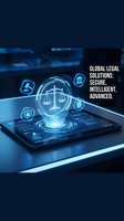 Digital tablet displaying holographic scales of justice with legal icons and glowing interface elements, representing cybersecurity and law firm technology solutions for corporate legal services.