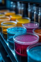 Colorful bacterial cultures growing in petri dishes arranged in laboratory setting for microbiology research and scientific experimentation.