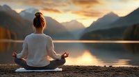 Woman practicing yoga meditation at mountain lake during golden sunset with peaceful alpine landscape reflection creating serene wellness retreat atmosphere.