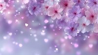 Delicate cherry blossom flowers with soft pink and purple petals floating against dreamy bokeh background with glowing light effects for spring designs.