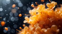 Vibrant orange coral polyps in macro photography with bokeh effect and water particles creating dreamy underwater atmosphere. Soft focus marine life detail.