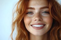 Close up portrait of young redhead woman with freckles and bright blue eyes showing genuine smile against light background. Natural beauty concept.