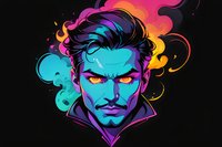 Mysterious blue-skinned male character portrait with glowing orange eyes and dramatic purple hair against dark background, styled in vibrant neon colors and smoky effects.