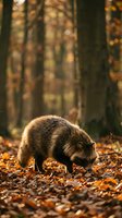 Wild boar piglet foraging among fallen autumn leaves in forest with warm golden sunlight filtering through trees creating natural wildlife scene.