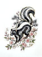 Skunk with raised tail surrounded by pink flowers and botanical elements, isolated on white background for design projects and apparel printing.