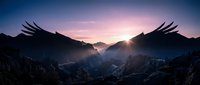 Majestic eagles soar over mountain valley at sunrise with dramatic purple sky and golden sunburst creating inspiring wilderness landscape scene.