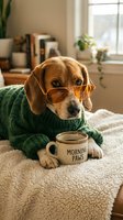 Adorable beagle dog wearing glasses and green sweater with coffee mug in cozy home interior for morning routine and pet lifestyle concepts.
