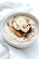 Creamy oatmeal bowl topped with fresh banana slices, caramel drizzle and chocolate shavings on white background, appetizing breakfast setup for food blogs.