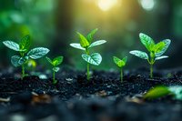 Young green seedlings growing from rich soil in sequence showing plant growth stages, perfect for sustainability and environmental concepts in natural sunlight.