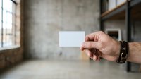 Close-up of male hand holding blank white business card in industrial loft space with concrete walls and natural light for branding mockup.