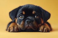 Adorable Rottweiler puppy lying down with paws forward and soulful eyes against yellow background, close-up portrait showing facial features and expression.