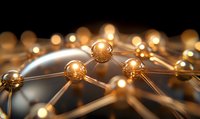 Golden network structure with interconnected metallic spheres and glowing nodes against dark background, representing technology and connectivity.