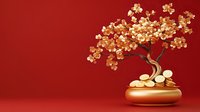Golden bonsai tree with delicate cherry blossoms growing from pile of coins in ceramic pot against red background, symbolizing wealth and prosperity in Asian culture.