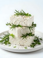 Stacked feta cheese blocks with fresh rosemary, oregano, and black pepper on a white plate, isolated on white background.