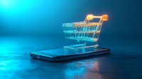 Glowing neon shopping cart emerging from smartphone screen on blue background, representing digital commerce and mobile shopping technology concept.