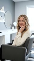 Smiling blonde woman in cream sweater sitting in modern dental office chair during consultation appointment with professional healthcare equipment.
