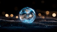 Glowing blue energy sphere with lightning effects on dark surface against blurred bokeh lights background creates magical atmosphere and futuristic mood.