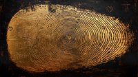 Golden fingerprint pattern on dark textured background with concentric circular lines creating dramatic contrast and metallic sheen effect for security and identity concepts.