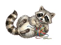 Playful raccoon lying down with colorful yarn ball, isolated on white background. Suitable for children's illustrations, nursery decor, greeting cards, and apparel design.