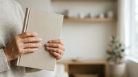 Woman in beige sweater holding blank linen book or journal in bright interior space with shelves and plants, suitable for publishing and stationery marketing.