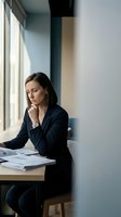 Professional businesswoman in dark suit contemplating documents at modern office desk by window with natural light for corporate presentations.