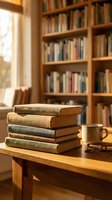 Stack of vintage books on wooden table with coffee cup and glasses in cozy library setting with warm sunlight streaming through window creating peaceful reading atmosphere.