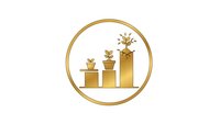 Golden growth chart with plants sprouting from ascending bars showing business development and investment success in circular frame.