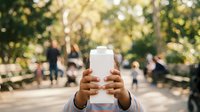 Person holding blank white bottle with both hands outdoors in park setting with blurred crowd background, suitable for product mockups and beverage marketing campaigns.