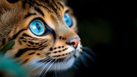 Close-up portrait of Bengal cat with striking bright blue eyes and spotted fur pattern against dark background, showing detailed whiskers and facial markings.