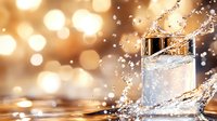 Clear glass with splashing water and droplets against warm bokeh background, dynamic liquid motion with golden highlights creates luxurious atmosphere for beverage advertising.