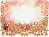 Watercolor floral frame with roses, hearts, and ornamental gold swirls on white background. Isolated design element for invitations, cards, and decorative projects.